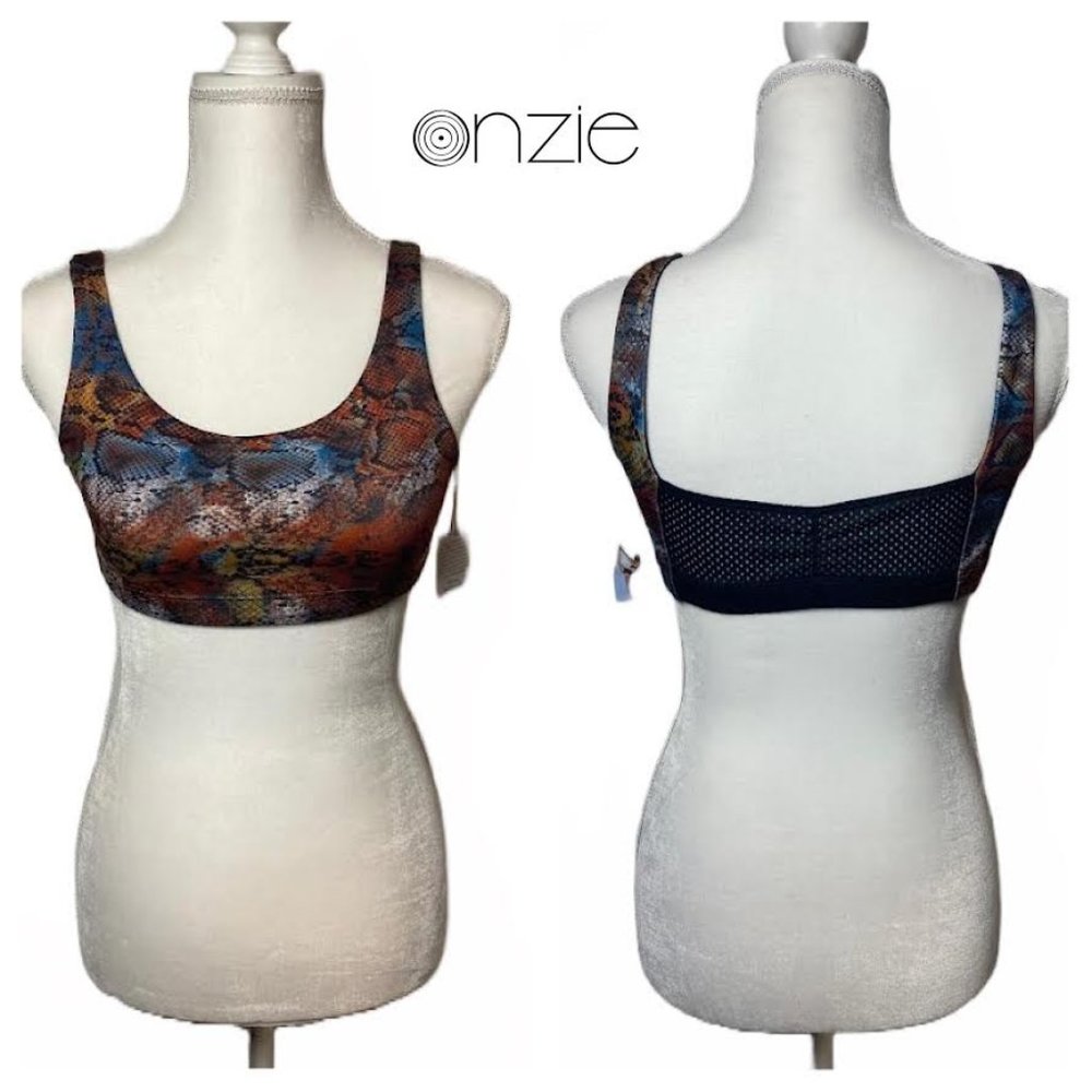 NWT ONZIE Women M/L Mesh Back Sports Bra Top Multi Snake Print HOT YOGA GYM SWIM